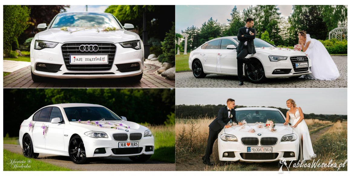 Wynajem samochodu auta na ślub wesele Białe AUDI A5 BMW 5