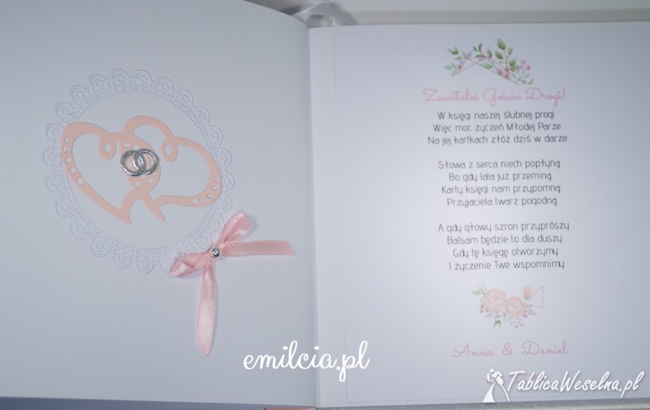 Emilcia.pl Księga Gości - Album kolor Róż, Biel, Zieleń Ślub Wedding Wesele, Komunia, Chrzest 